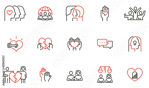 Vector Set of Linear Icons Related to Harmony to Relationships, Interaction, Joint Development and Equality. Mono Line Pictograms and Infographics Design Elements - part 1