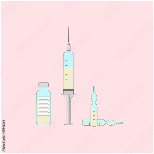 Medical syringe and ampoules with vaccine. Vector graphics with isolated background. Icon, sticker.