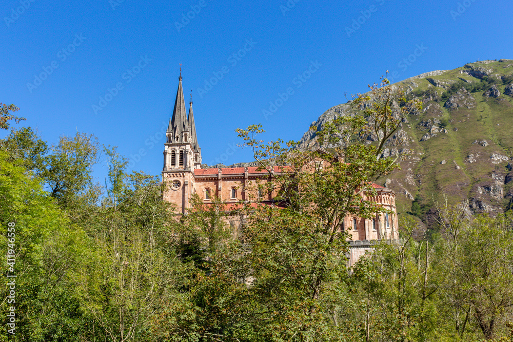 The Basilica of Covadonga (Basilica de Santa María la Real de Covadonga) in Covadonga, Asturias, Spain.