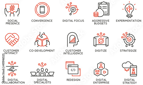 Vector Set of Linear Icons Related to Business Process Automation, Implementation of Innovative Business Models and Digital Transformation. Mono Line Pictograms and Infographics Design Elements