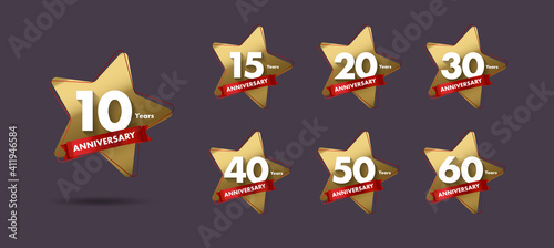 Set of anniversary labels or tags with golden star shape and red ribbon for different years