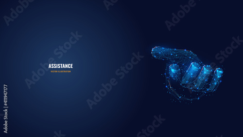  Digital 3d hand giving, asking, showing or holding something in dark blue. Abstract vector human arm, palm wireframe. Hand gesture concept. Low poly mesh art with dots, lines, triangles and stars 