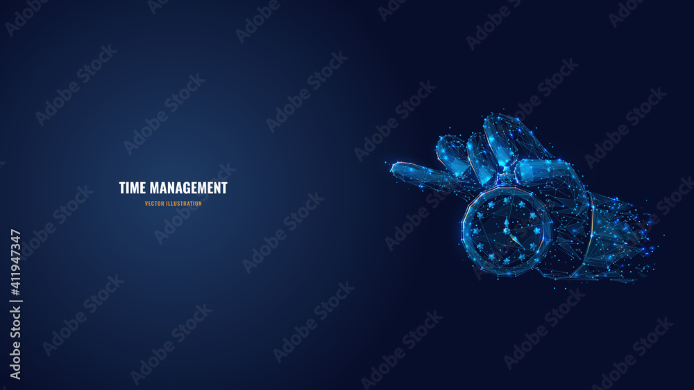 Digital vector 3d hand holding clock or stopwatch in dark blue. Time management, planning, life control or business concept. Abstract low poly wireframe with connected dots, lines, stars and shapes  - obrazy, fototapety, plakaty 