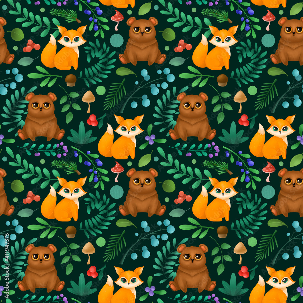 Naklejka premium Seamless pattern with cute forest animals. Children's illustration