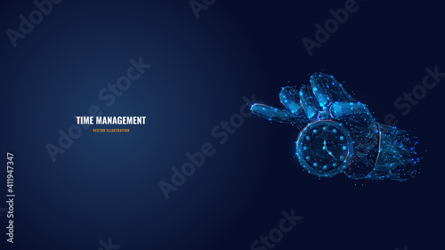 Digital vector 3d hand holding clock or stopwatch in dark blue. Time management, planning, life control or business concept. Abstract low poly wireframe with connected dots, lines, stars and shapes 