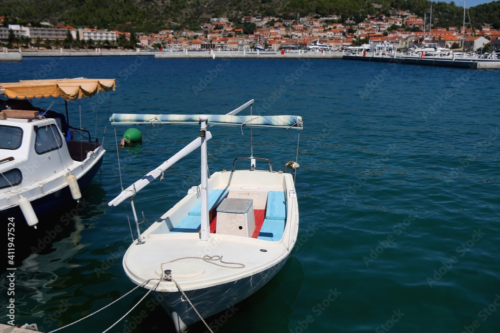 Small fishing boats in Vela Luka, town on island Korcula, Croatia.