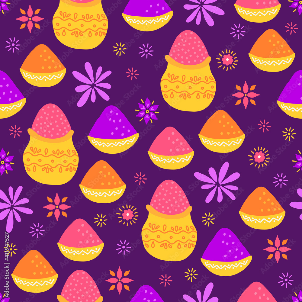 Holi seamless pattern with sparkles, firework, plates with colored powder Holi seamless pattern with sparkles, firework, plates with colored powder