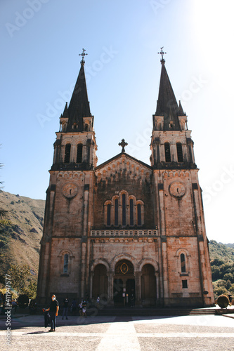 Covadonga, Spain - September 4, 2020: The Basilica of Covadonga (Basilica de Santa María la Real de Covadonga) in Covadonga, Asturias, Spain.