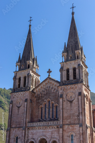 Covadonga, Spain - September 4, 2020: The Basilica of Covadonga (Basilica de Santa María la Real de Covadonga) in Covadonga, Asturias, Spain.