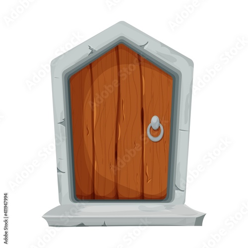 Funny wooden door with stone in cartoon style isolated on white background. Small entrance for ui games, assets. Fantasy construction, interior.