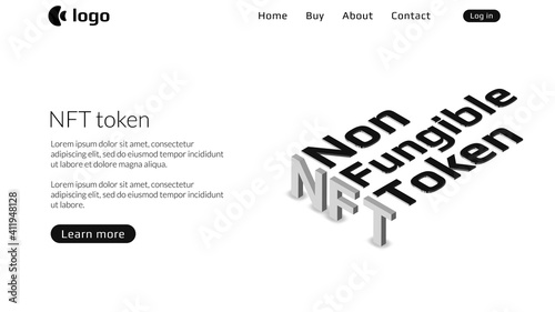 NFT nonfungible token website template with isometric text on light background. New class of coins. Pay for unique collectibles in games or art. Vector illustration.