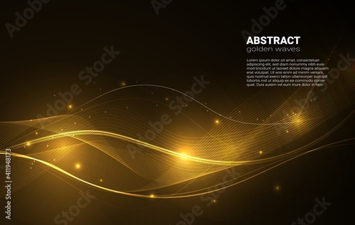 Golden glowing waves with glitter on a dark background. Shiny geometric lines with golden sparkles and glow.