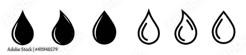 Set of water drop icons, water or oil drops in flat and line style