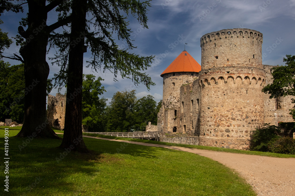 View of ruins of ancient Livonian castle in old town of Cesis, Latvia View of ruins of ancient Livonian castle in old town of Cesis, Latvia