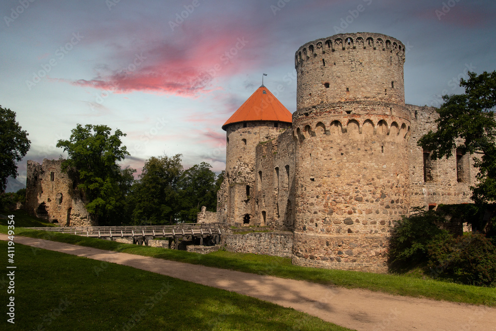 View of ruins of ancient Livonian castle in old town of Cesis, Latvia