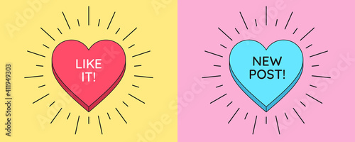 Like it button and New post banner. Social media templates with heart button inside sunburst