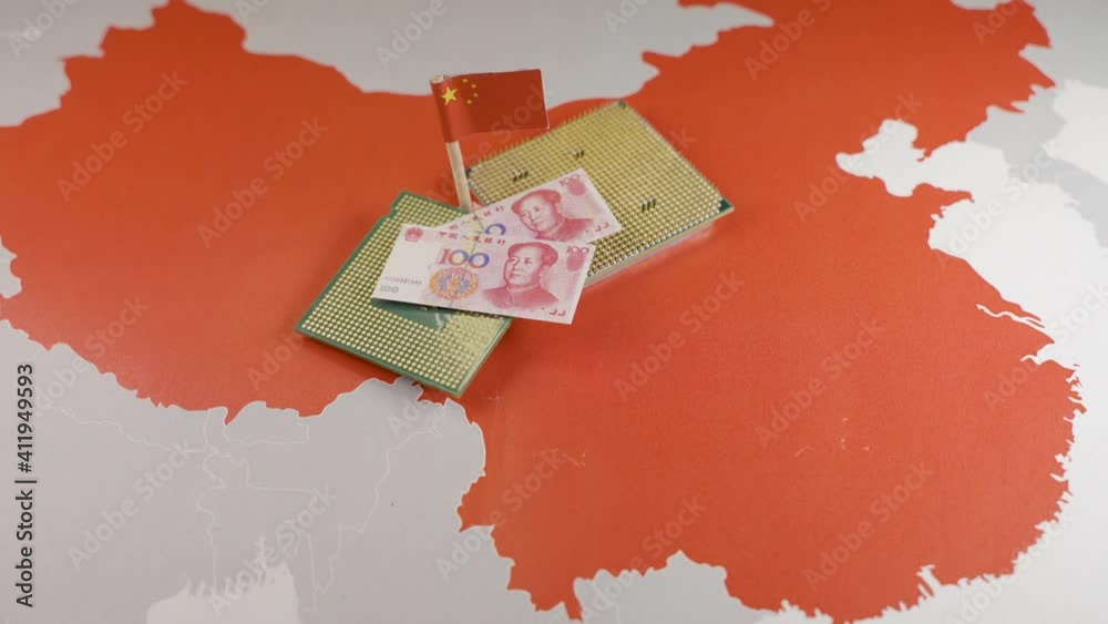 CPU and yuan bills over a Chinese map, concept of China digital Renminbi project, online payment, currency security and encryption