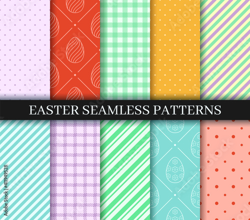 Easter seamless Patterns set. Eggs, Gingham. Polka Dot and Striped pattern designs collection. Endless texture for web, wrapping paper. Pattern templates in Swatches panel, easy to change in one click