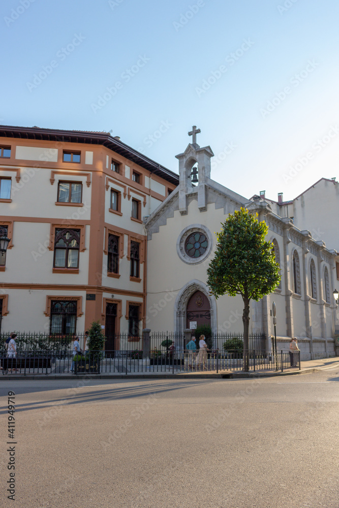 Oviedo, Spain - September 4, 2020: Iglesia y Convento de las Siervas de Jesús de la Caridad at Calle Uría street, Northern Spain, Asturias.
