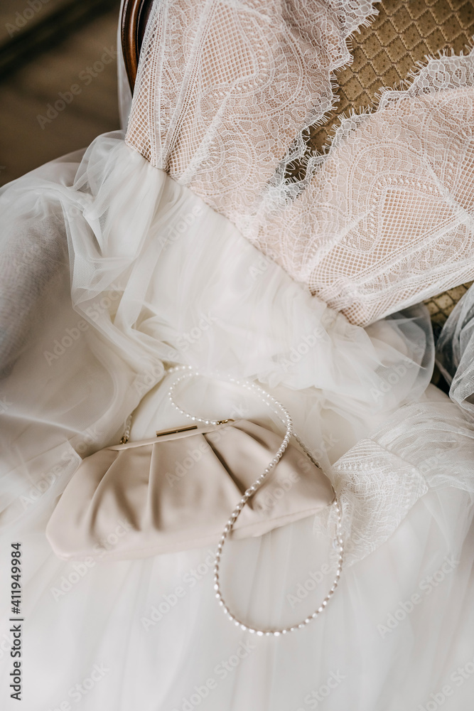 Closeup of wedding bridal details. Small elegant purse on wedding dress. Closeup of wedding bridal details. Small elegant purse on wedding dress.