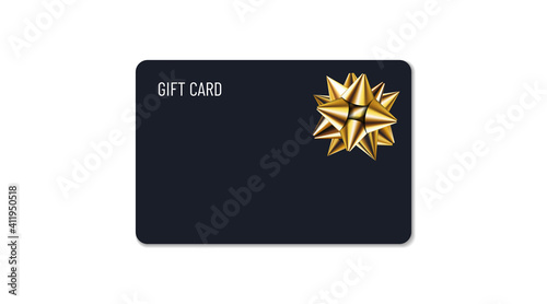 Empty dark paper gift card with gold ribbon bow. Blank template for holiday greetings event. Vector illustration