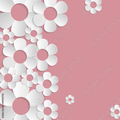 Pink abstract background with white paper flowers