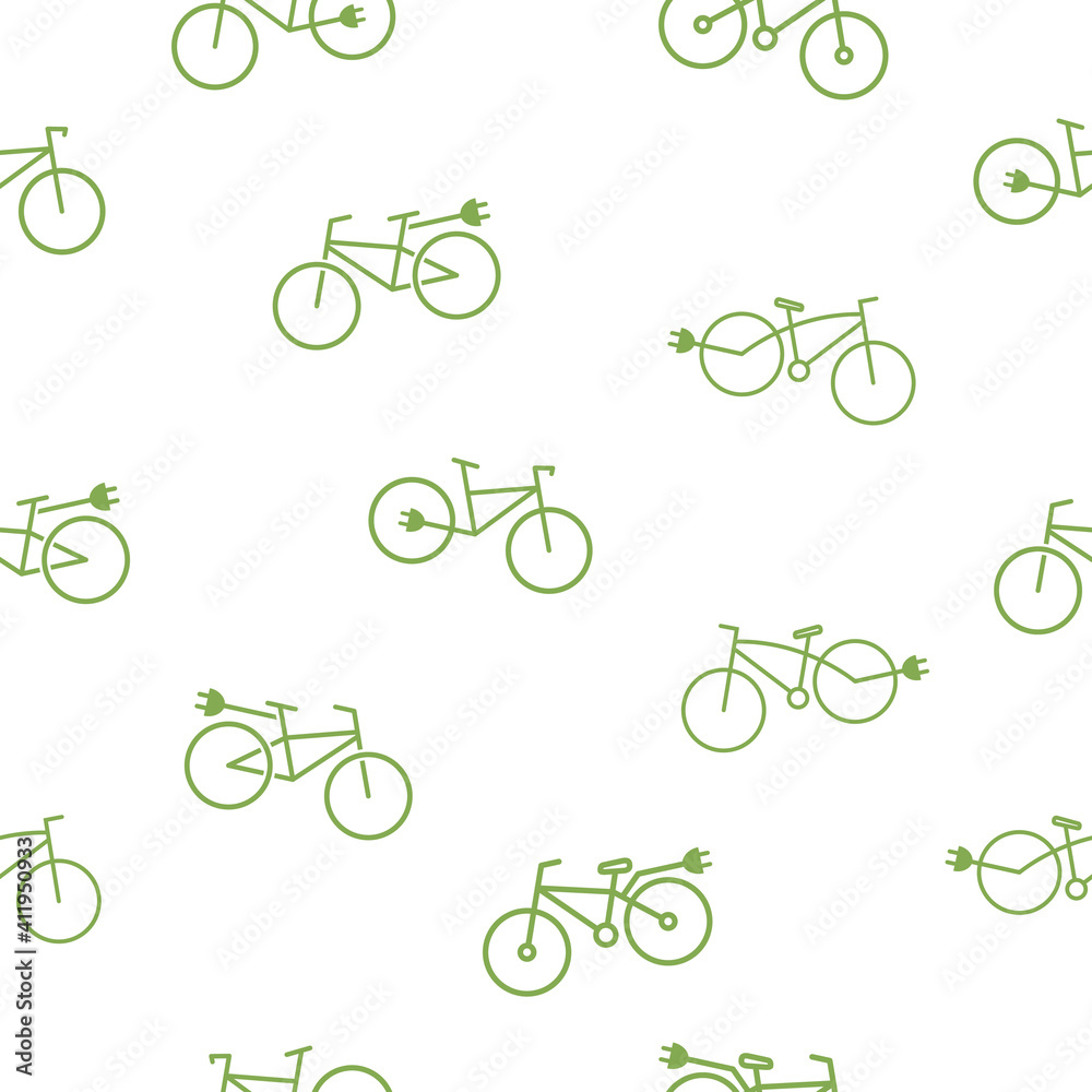 Seamless pattern with electric bike. Geen eco bicycle with plug background. Flat line vector illustration isolated on white
