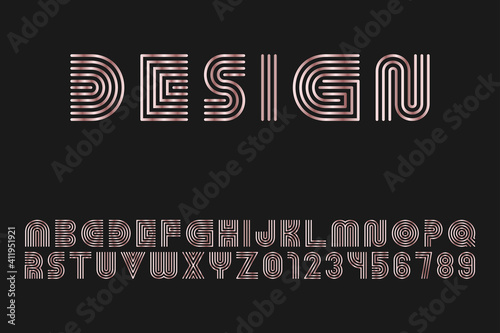 Mettalic stylish striped font. Vector English alphabet - rose gold linear latin letters and numerals. Luxury esthetic design