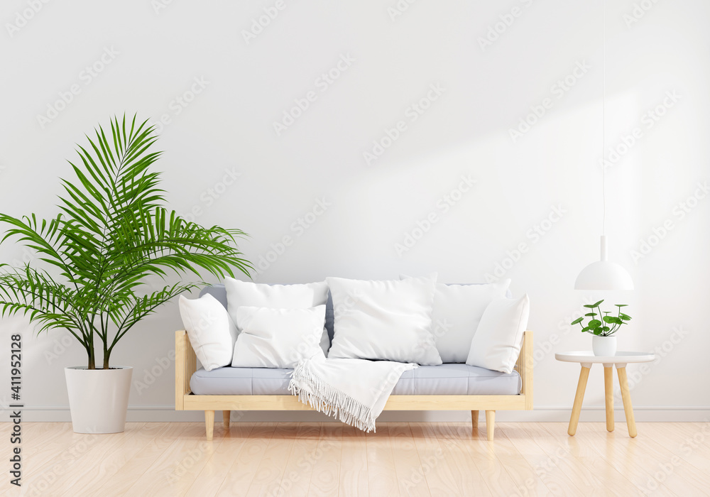 Gray sofa in white living room with free space for mockup, 3D rendering Gray sofa in white living room with free space for mockup, 3D rendering