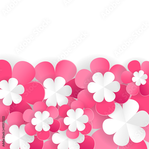 Pink paper flowers on white background, floral border element