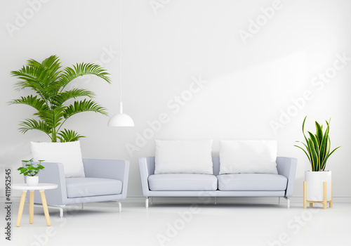 Fototapeta Naklejka Na Ścianę i Meble -  Gray sofa in white living room with free space for mockup, 3D rendering