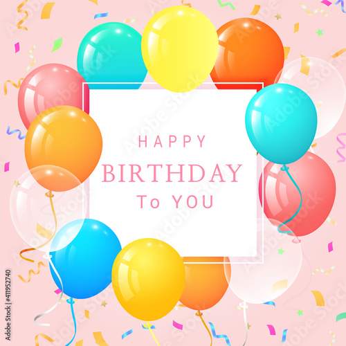 Happy birthday card with balloons and confetti.