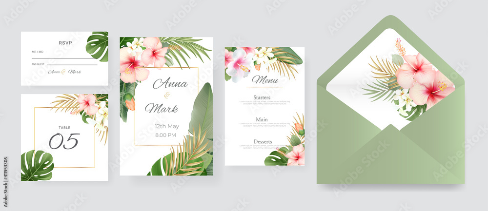 Tropical gold  wedding frame with exotic nature background.