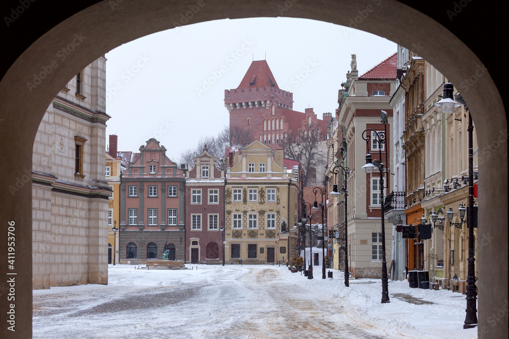 Poznan. Market square in snowfall.
