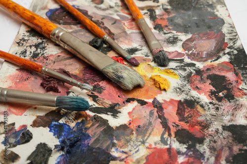 Paint brushes on a palette with dried paints.