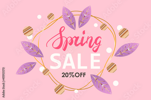 Abstract design of spring sale banner. Vector illustration. Horizontal template for web banner, poster, flyer, card, landing page. EPS 10. Pink cute background. Gold frame. Lettering. Purple leaves. 