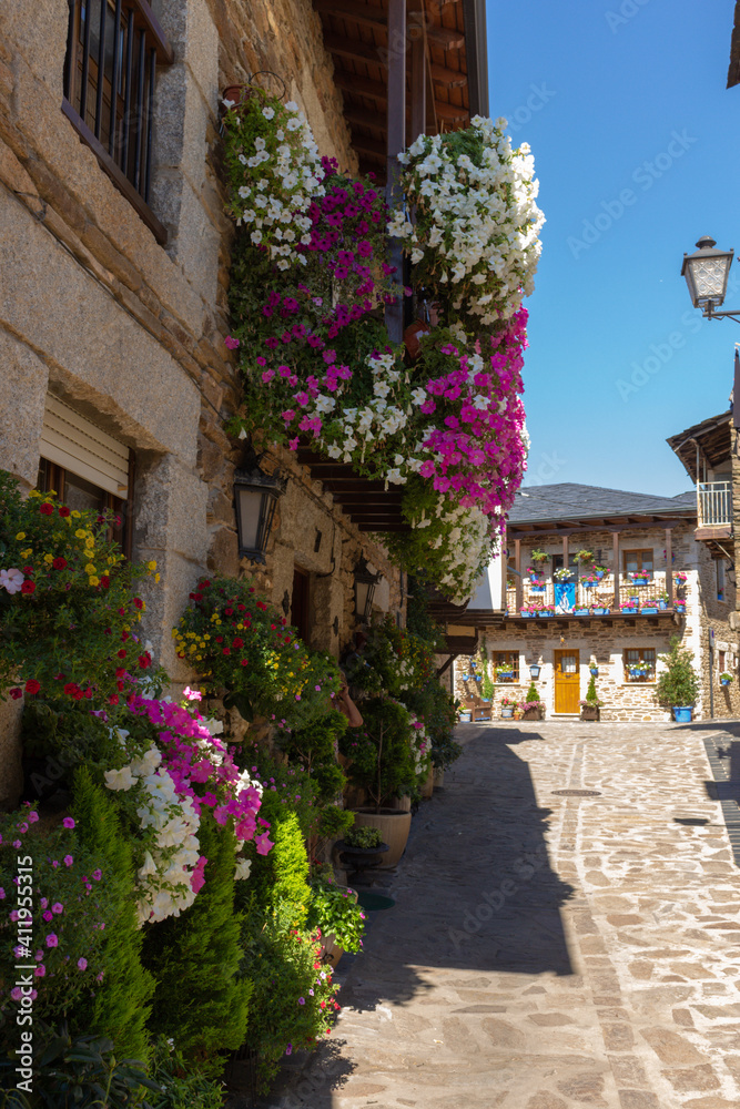 Fototapeta premium Puebla de Sanabria, Spain - September 6, 2020: Cobblestone street with picturesque stone residential buildings and flowered balconies in Puebla de Sanabría, Zamora province, Castilla y León.