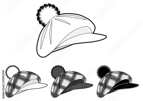 Set of berets with a pompom and a visor. Checkered pattern.