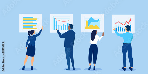 Vector of businesspeople analysing financial reports and investment opportunities reviewing charts and graphs