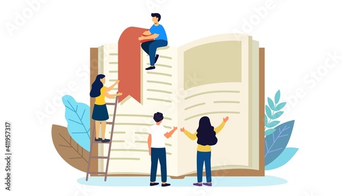 Reading book vector illustration Flat tiny paper book text study persons Concept of a small people reading a open huge book Poster and banner