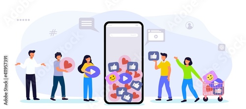 Like time Concept of referral marketing Refer a friend loyalty program Promotion method People liking social media posts on a smartphone and influencer earning with engaging marketing strategies