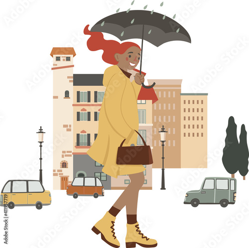 Young stylish girl walking on the street in raining day, holding umbrella, wearing mask, vector illustration, isolated on white