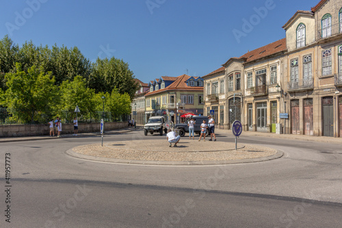 Chaves, Portugal, September 6, 2020: The KM0 of the Nacional Road 2, the longest road in Europe. Roundabout where is the first kilometer milestone of the mystic national road 2.