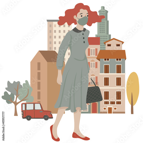 Young stylish girl walking on the street, wearing mask, vector illustration, isolated on white