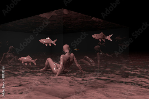 Photography 3D rendering of a person figure with fish swimming in a small aquarium underwate