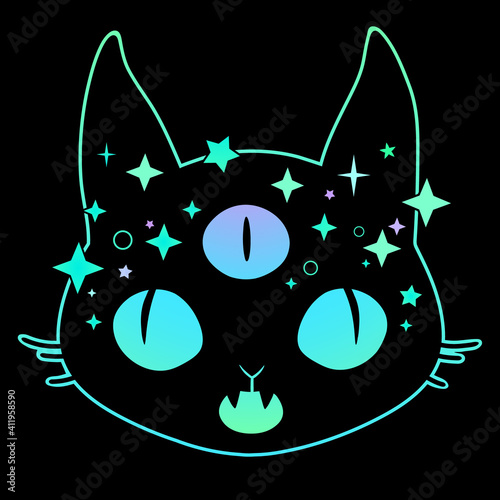 the head of an otherworldly glowing cat decorated with stars