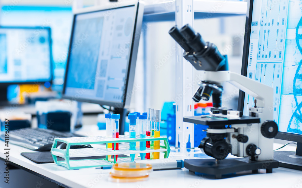 Interior of modern scientific research laboratory. Genetic engineer workplace. Future technology and science. Interior of modern scientific research laboratory. Genetic engineer workplace. Future technology and science.