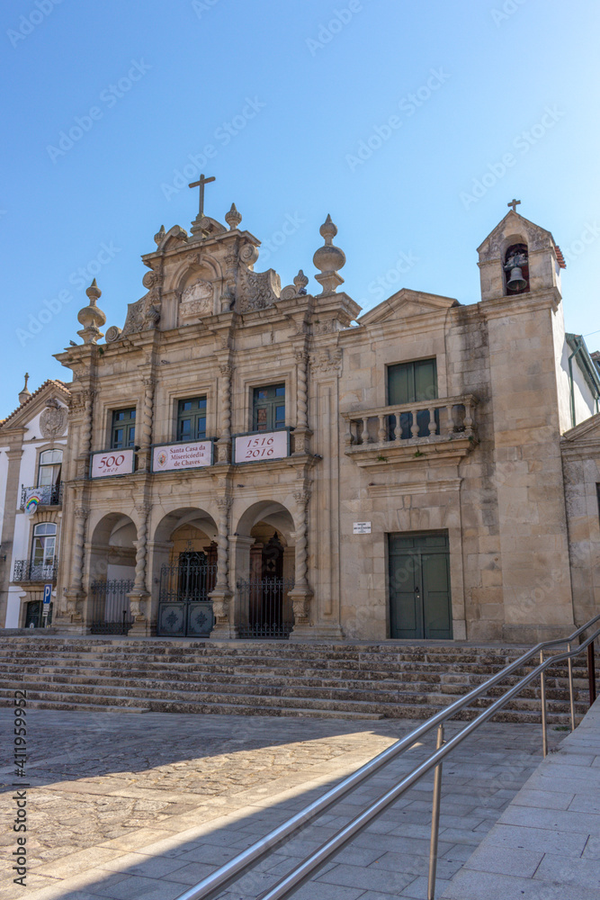 Chaves, Portugal, September 6, 2020: The Church of the Mercy of Chaves (Igreja e Provedoria da Misericordia) dates from the 17th century and was built in granite in the Baroque style of architecture.