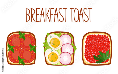 Set of toasts for breakfast with different fillings. Toasts with tomatos, cooked egg and radish, caviar and greens. Vector illustration