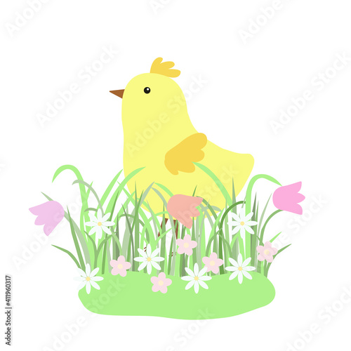 Easter floral composition with cute yellow chicken, early spring green grass with flowers, flat style vector illustration for spring festive time decor, cards, gift paper, banners, web design